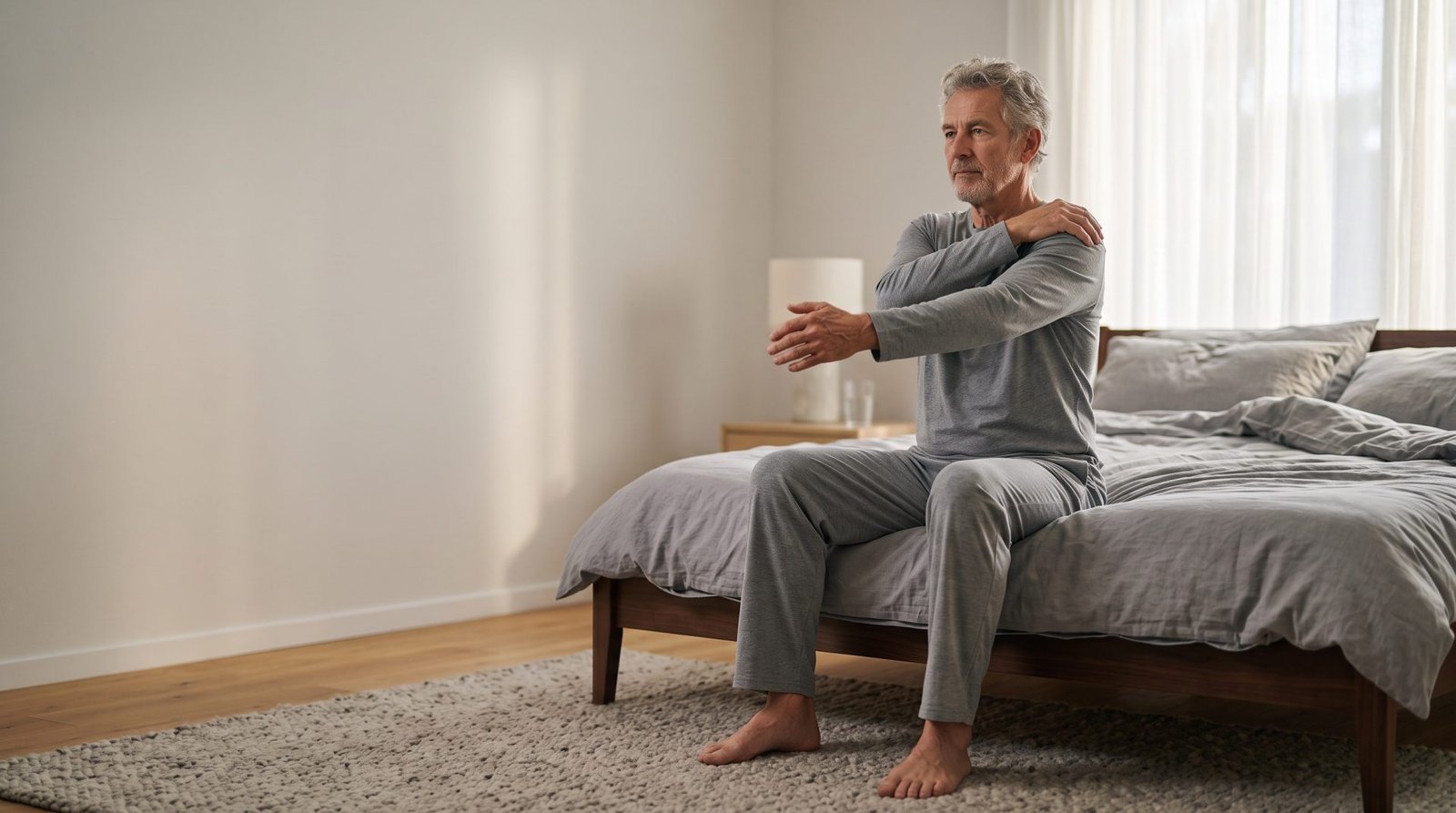 Man in his sixties seated on the edge of a bed doing a cross-body shoulder stretch