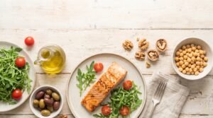 Mediterranean spread of salmon, olive oil, greens, tomatoes, walnuts and olives