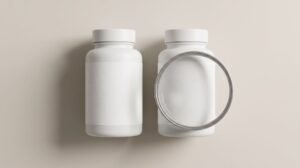 Two unbranded supplement bottles with a magnifying glass over one label