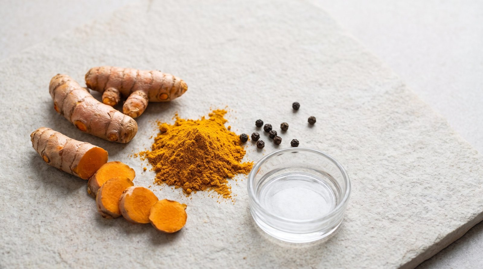 Fresh turmeric root and ground turmeric beside black peppercorns on grey stone