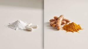 Glucosamine powder and capsules beside fresh turmeric and turmeric powder