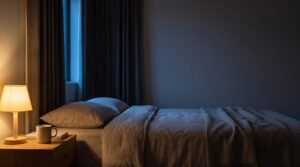 Neatly made bed in a dim bedroom at pre-dawn with a bedside lamp lit