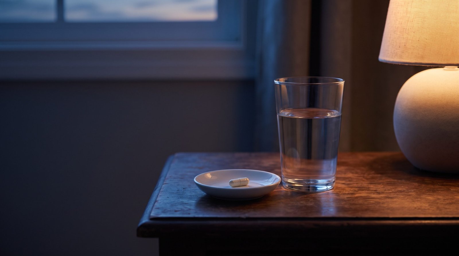 Glass of water and a single capsule in a plain dish on a bedside table at night