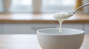 Spoonful of thick plain yoghurt lifted from a white bowl in soft morning light