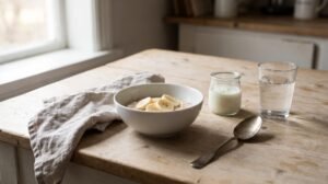 A simple breakfast of oats, banana, yoghurt and a glass of water on a wooden kitchen table.