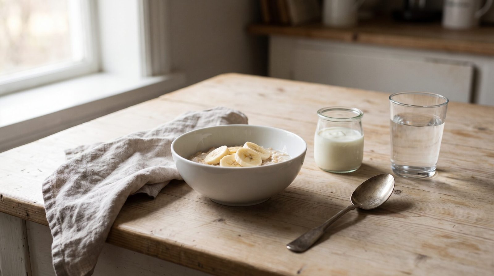 A simple breakfast of oats, banana, yoghurt and a glass of water on a wooden kitchen table.