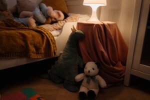 A softly glowing bedside lamp at night, representing melatonin for sleep and the light-based timing cues it responds to